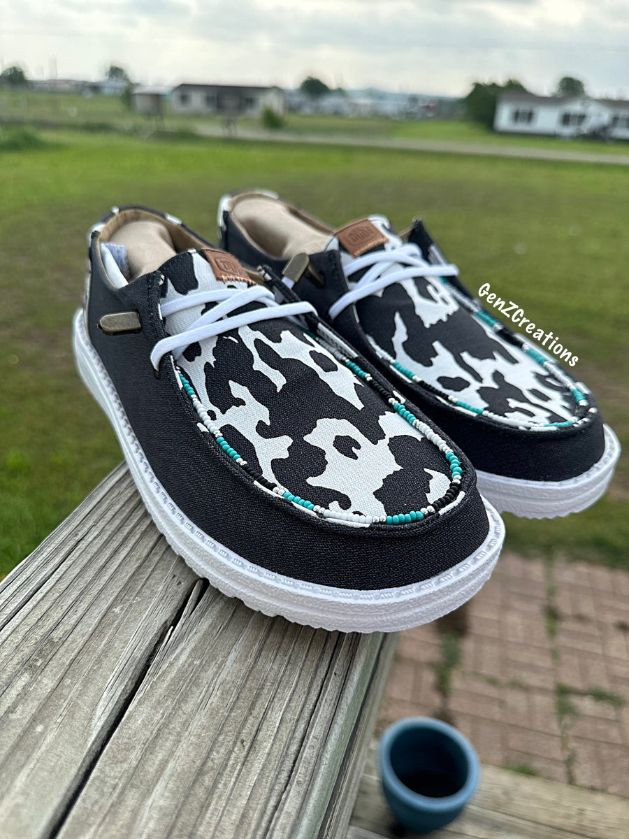 Cow Print Beaded Heydudes – GenzCreations